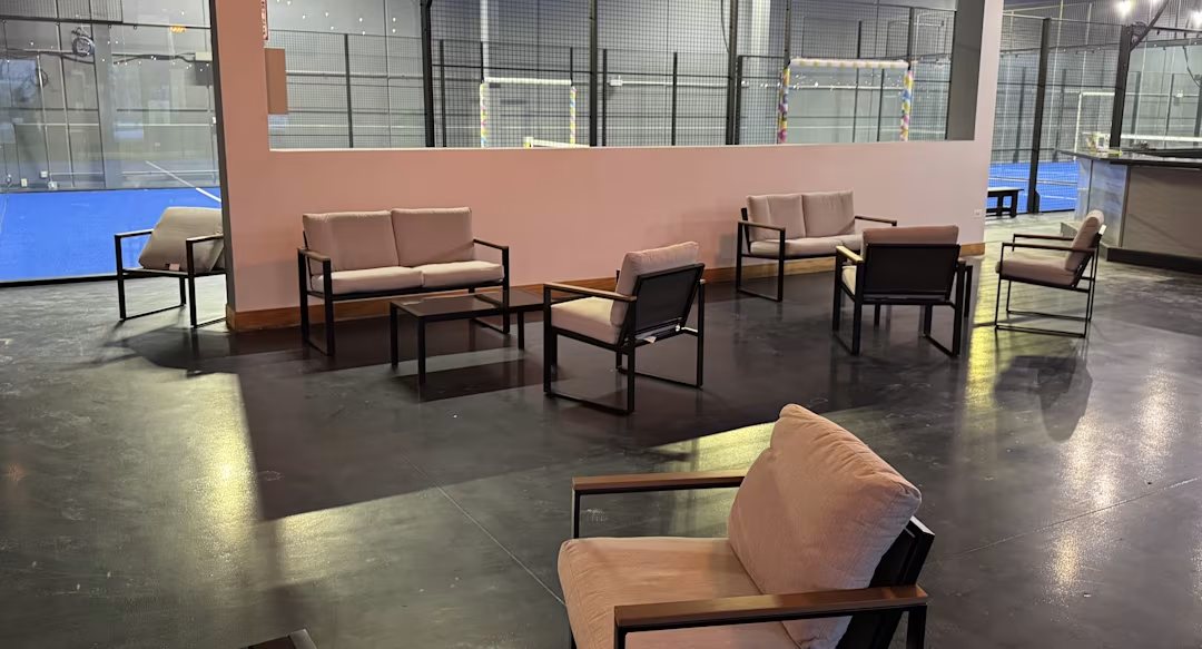 Lounge and seating area at Cube Chicago Padel in Chicago